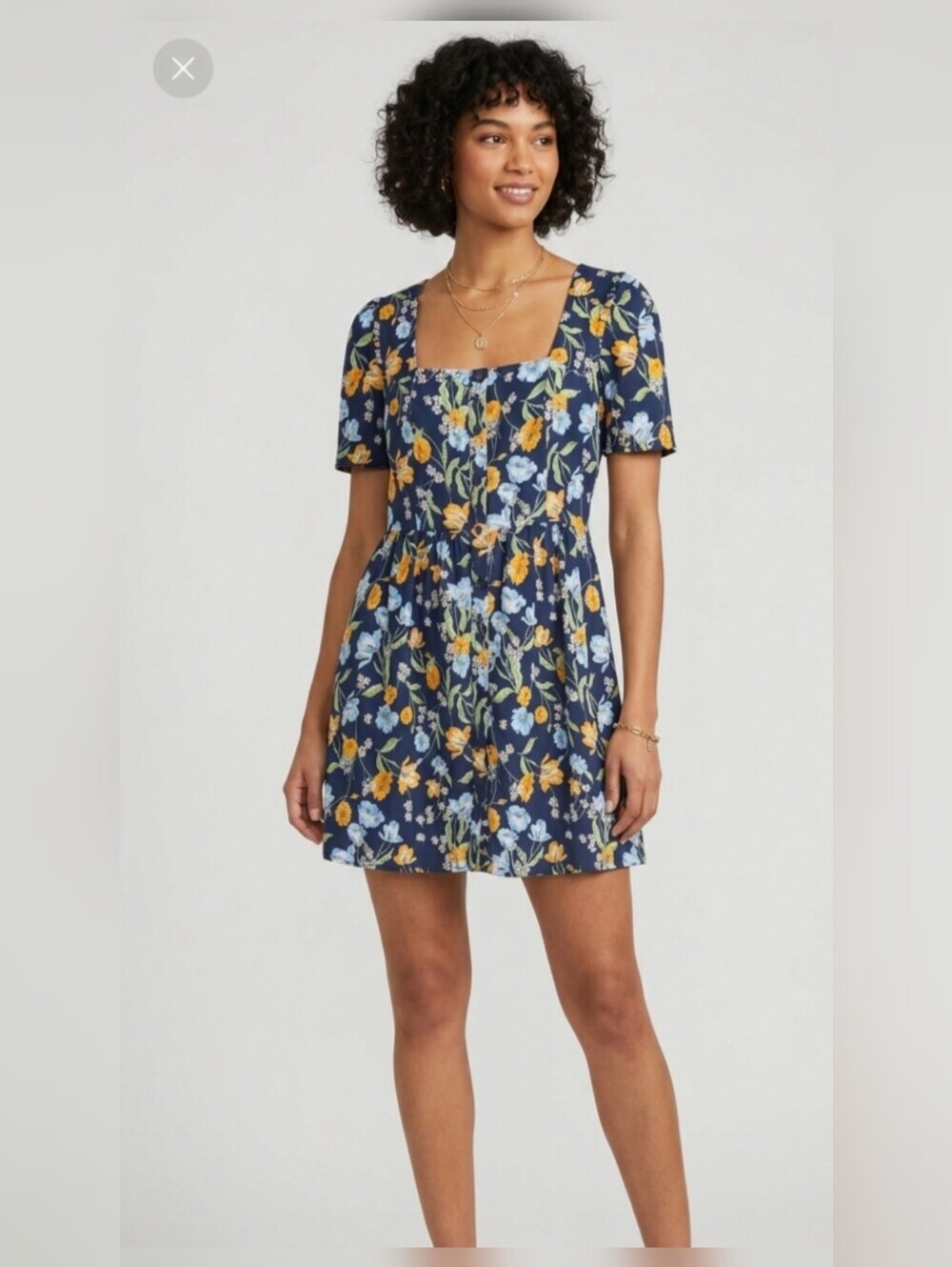 Draper James Linen Navy Floral Square-Neck Mini Dress